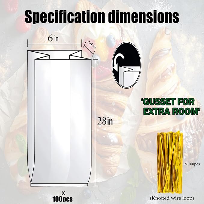Reusable Bread Bags for Homemade Bread & Sandwich Bread ， 100 Pack Clear Plastic Storage Bags with Ties, Airtight Food Safe Design for Home Bakers and Bakeries（6"x2.4"x28"）