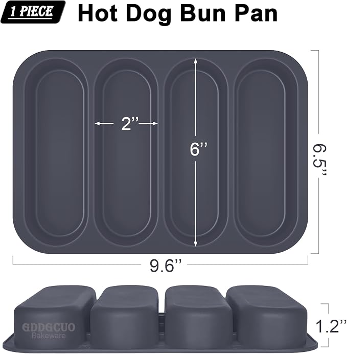Silicone Hotdog Bun Pan, 6 Inch Standard Hot dog Bun Mold, 4 Cup Non-stick Homemade Hotdog Bun Baking Pans, Mini Baguette Pans, Dishwasher Safe, 1 Pc (Grey)