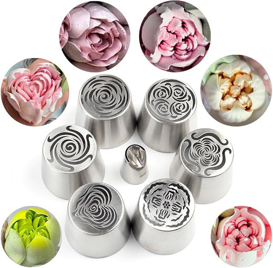 6 Pieces Stainless Steel Extra Large Russian Tulip Icing Tips Kit, Cupcake Dessert Marshmallow Piping Nozzles Set,1 Cleaning Brush,1 Medium Ruffle Icing Tip for Cake Decorations,Pastry Baking Tools