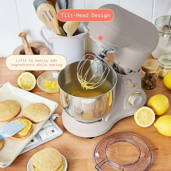 Beautiful 3.5Qt Stand Mixer by Gourmias, Tilt-Head Electric Mixer with 12 Speeds, Stainless Steel Bowl, Compact Kitchen Mixer for Baking, Dough, Whipping and Mixing (Porcini Taupe)