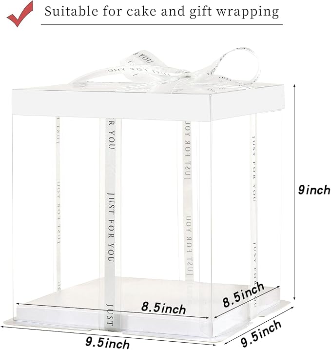 JCD 6 Pcs 2-Layer Tall Cake Packaging Boxes,8x8x9in Clear Cake Box with Ribbon,PET Cake Carrier Transport Container for Tiered Cake (White Lid, 8 * 8 * 9inch/6Pcs)