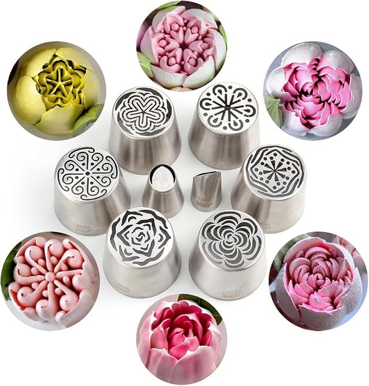 6 Pcs Stainless Steel Extra Large Russian Tulip Icing Tips Kit, Frosting Flower Piping Tips, 6 Russian Icing Tips,2 Cake Decorating Nozzles,1 Cleaning Brush,10 Disposable Pastry Bags for Baking
