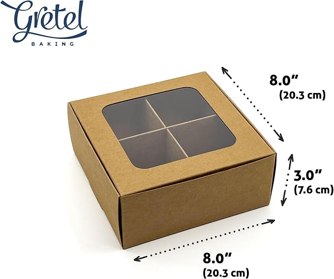 20pcs Kraft Treat Boxes with Window and Dividers | 4 LARGE compartments | 8 x 8 x 3 in | Valentine treat boxes, baked goods packaging, box for cookies, pastry packaging