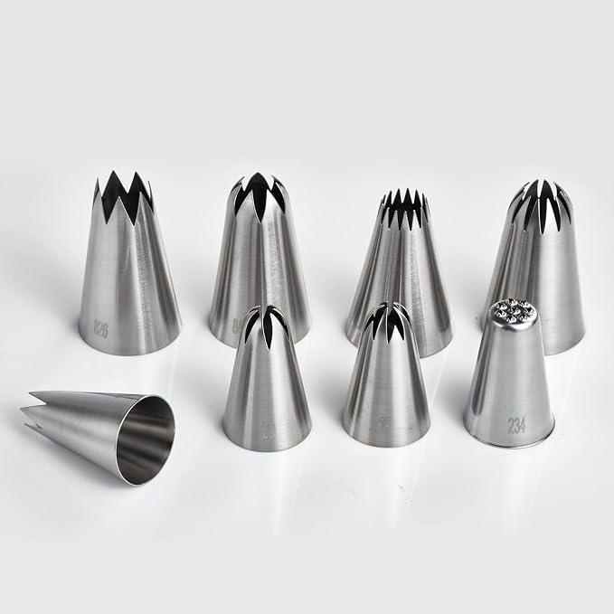 Kasmoire 8Pcs Large Piping Tips Set,Stainless Steel Icing Tips with 10 Disposable Pastry Bags for Cake Decorating