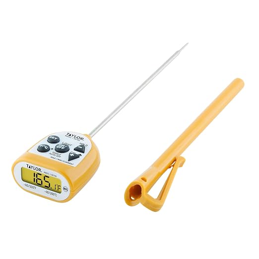 Taylor Compact Waterproof Digital Food Thermometer, 4.5 Inch Stem Length with an FDA Recommended 1.5mm Stepdown Probe Diameter and Amber Backlit LCD, HOLD, Min/Max; NSF, Yellow