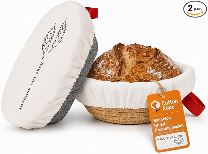 Cotton Rope Banneton Bread Proofing Basket Set, 10" Oval & 9" Round Baskets with Liners & Covers for Perfect Artisan & Sourdough Bread Baking at Home