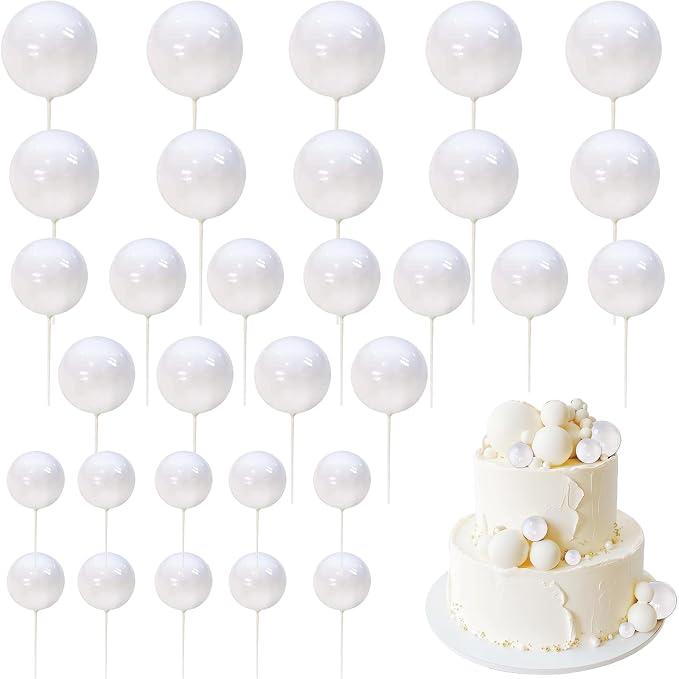24 PCS Balls Cake Toppers Ball Cake Picks Foam Ball Shaped Cupcake Toppers Mini Balloons Baby Shower Cake Decorations for Wedding Enaggement Bridal Shower Birthday Party Supplies White