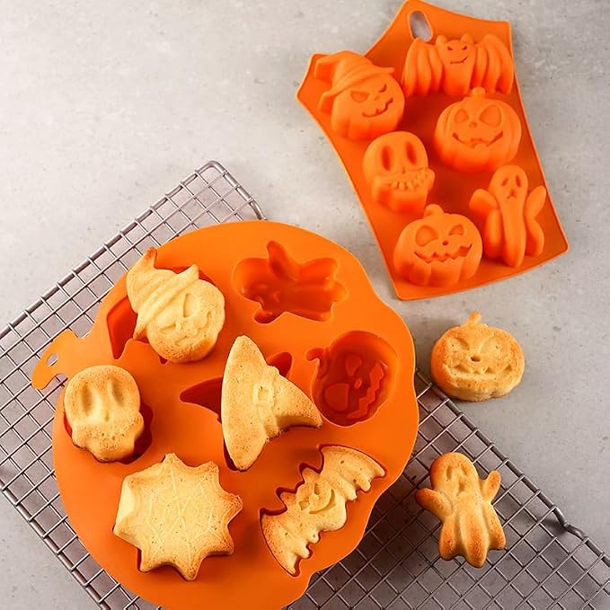 7 Cavities Silicone Cookies Biscuit Mold, Christmas Halloween Candy Mold, Reusable DIY Baking Mold Jelly Chocolate Mold, Ice Cube Tray Wax Melt Molds(Set of 2 Orange Halloween)