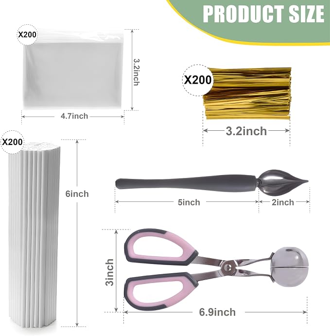 Cake Pop Kit Including 200 pcs 6 inch Lollipop Sticks and 200 Clear Wrappers, 35 Hole Clear Acrylic Display Stand, Metal Baller Scoop, Culinary Decorating Scooper, 200 pcsTwist Ties