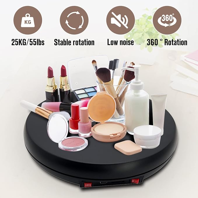 JAYEGT Motorized Rotating Display Stand with LED Light , 10 inch /55lbs Load, 360 Degree Electronic Turntable Display Stand for Photography Products Shows, Jewelry, Watch, 3D Models, Cake (Black / White LED Light / Wired)