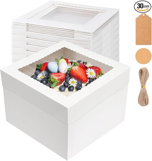 NEOACT 30 Pcs Cake Boxes, 12x12x8 Inch White Bakery Boxes with Window Cake Containers 12 Inch large Cake box for Birthday Party, Wedding,Tall Dessert Cardboard Boxes
