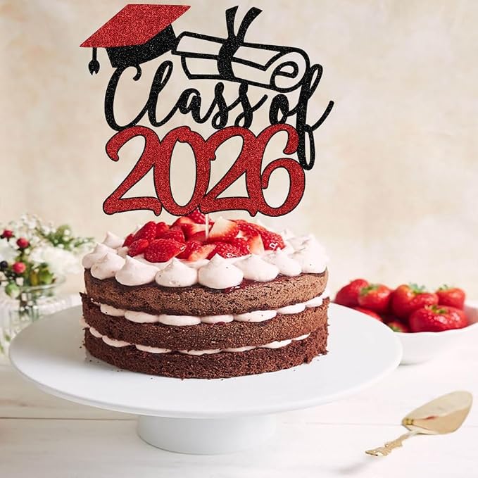 Gold Class of 2026 Congrats Grad Cake Topper Glitter Graduation Party Supplies - High School College Graduates -College Graduate Cake Topper Decorations (Class of 2026 Black red)