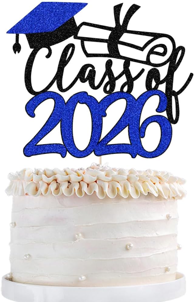 Gold Class of 2026 Congrats Grad Cake Topper Glitter Graduation Party Supplies - High School College Graduates -College Graduate Cake Topper Decorations (Class of 2026 Dark blue.)