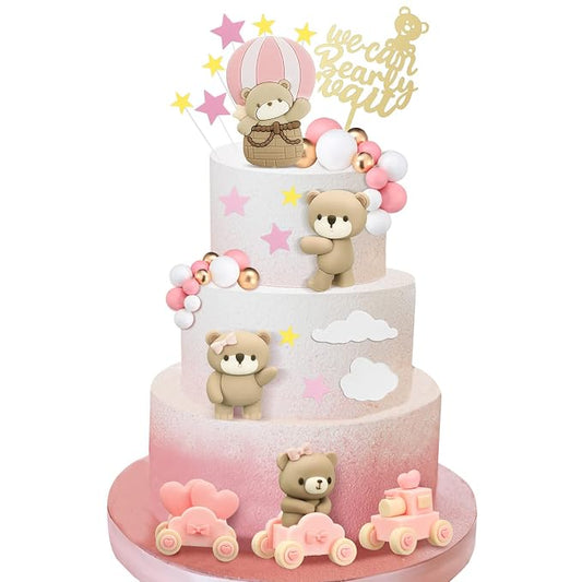 Yinder Bear Cake Toppers Mini Bear Cake Decorations Cake Toppers Gold White Pearl Ball for Birthday Party Decorations(Pink, Brown,Vivid Style)