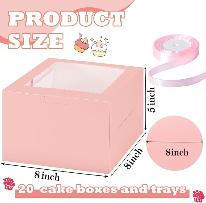 KPOSIYA 40pcs 8x8x5 inches Cake Boxes with Cake Boards（20 Boxes & 20 Boards）, Pink Bakery Boxes with Window,Cajas Pasteles Cupcake Carriers Treat Containers for Dessert Pastries, Mother's Day