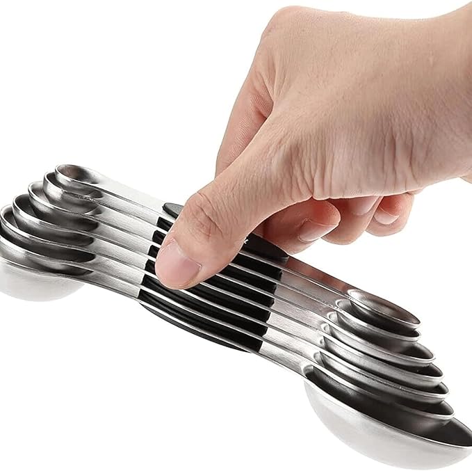 Set of 8 Stainless Steel Magnetic Measuring Spoons Set with Leveler,Dual Sided Stackable Steel Metal Teaspoons for Baking & Cooking Kicchen Accessories (Black)
