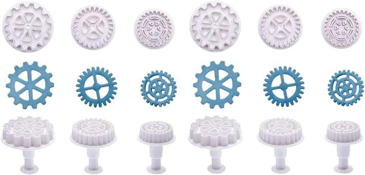 6Pcs Gear Cookie Cutters, for Steampunk Cogs Plunger Mold, 3D Gear Cookie Stamp Mold, Clock Wheel Biscuits Fondant Molds for Cake Cookie food Decoration Cookie Cutters Baking Tools