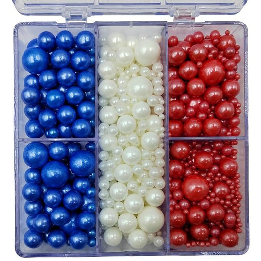 Red White and Blue Pearl Sprinkles for Baking, Patriotic Mix, Edible 4th of July Pearls for Cupcake Topper, Ice Cream, Cookie, Donuts, Cake Decorating (2mm, 4mm, 7mm, 10mm)