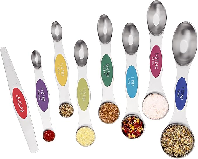 SHIKORI Magnetic Measuring Spoons Set of 8 Stainless Steel Stackable Dual Sided Nesting Teaspoons and Tablespoons for Measuring Dry and Liquid Ingredients-Multicolor