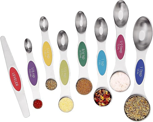 SHIKORI Magnetic Measuring Spoons Set of 8 Stainless Steel Stackable Dual Sided Nesting Teaspoons and Tablespoons for Measuring Dry and Liquid Ingredients-Multicolor