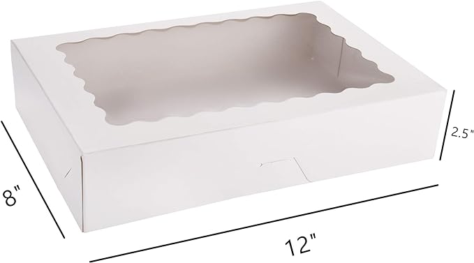 Tcoivs 30-Pack Bakery Boxes with Window, 12" x 8" x 2.5", Cookie Boxes, Auto-Popup Treat Boxes for Pies, Muffins, Donuts and Pastries (White)