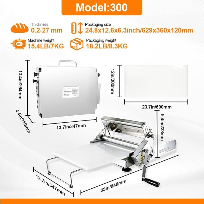 Dough Sheeter Machine - 12'' Folding Dough Rolling Machine, Manual Dough Roller, 0.2-27mm Adjustable Thickness Stainless Steel Puff Pastry Roller for Home & Commercial Use 1i4 (12'')