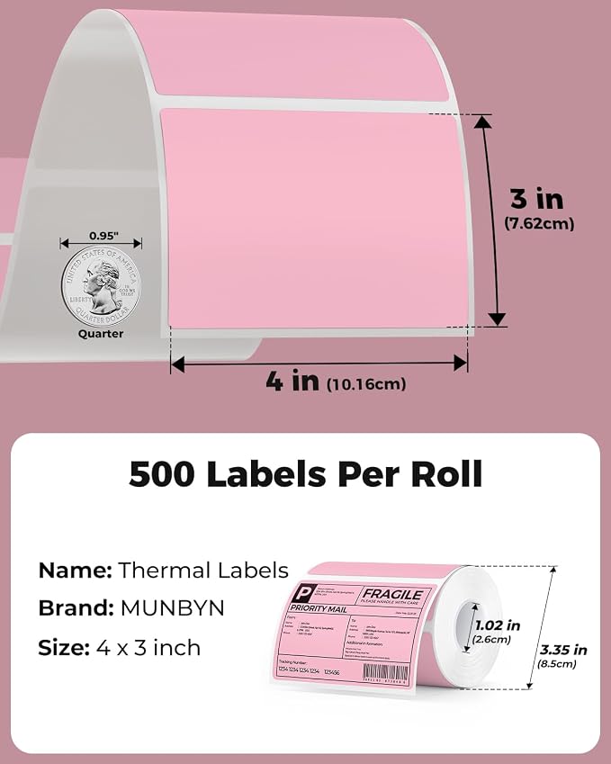 MUNBYN 4” X 3” Direct Thermal Labels, Thermal Printer Stickers, Strong Adhesive, Labels Paper for Mailing, Barcode, 500 Sheets/1 Roll, Pink