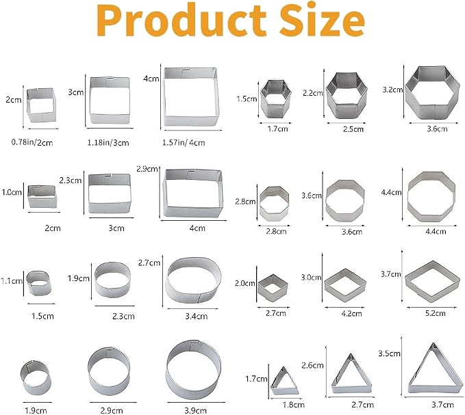 ofone Small Cookie Cutters Geometric Shapes Set, 24 Mini Fondant Cutter - Square Triangle Oval Rectangle Hexagon Octagon Circle Diamond, Tiny Stainless Steel Biscuit Molds for Baking Dough Pastry