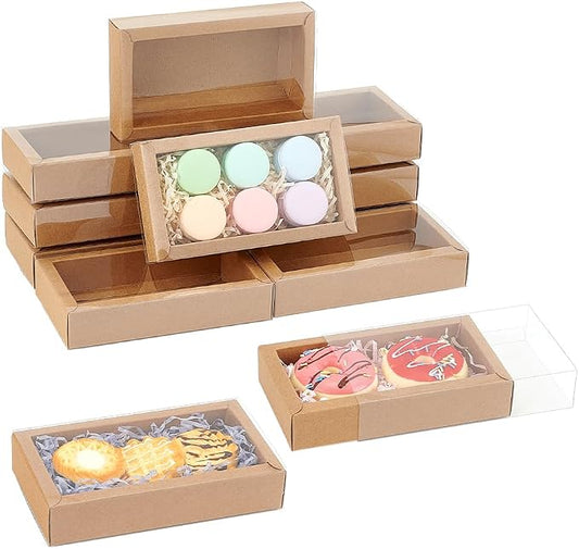 NBEADS 12 Pcs Rectangle Drawer Kraft Boxes, 6.3x3.54x1.26 Inch Gift Packaging Case Foldable Paper Drawer Boxes with Clear Plastic Cover for Party Favor Treats Candy and Jewelry Crafts, Burlywood