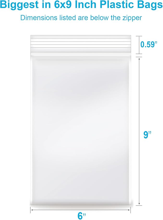 6''x 9'', (Pack of 100) 2 mil Thick Clear Plastic Reclosable Zip Poly Bags with Resealable Lock Seal Zipper for Photo, Jewelry, Bakery, Treats, Travel, Storage, Packaging & Shipping