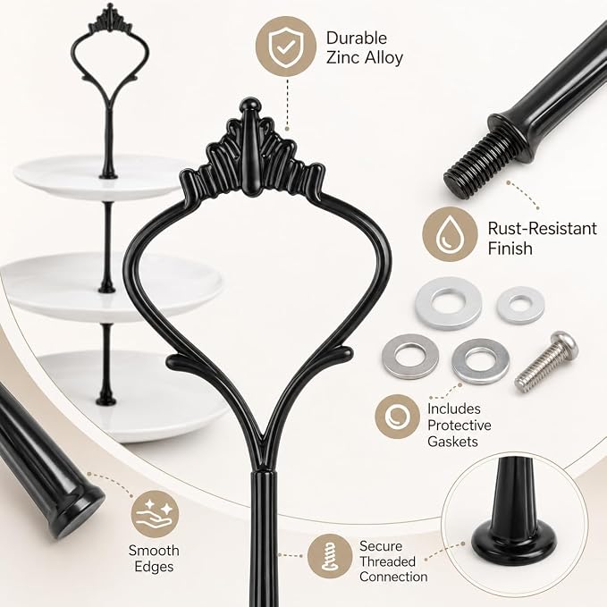 15 Pcs Tiered Tray Hardware Kit Crown Handle Zinc Alloy Black 3-Tier | Black finish for farmhouse and modern trays; complete rods washers screws for repeat cake stand builds