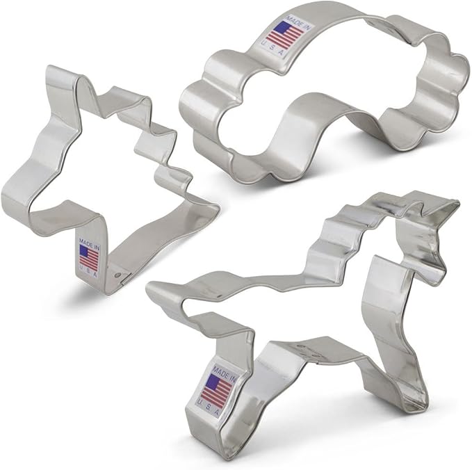 Ann Clark Unicorn 3-Pc. Cookie Cutter Set, Made in USA, Rainbow, Unicorn Body & Head
