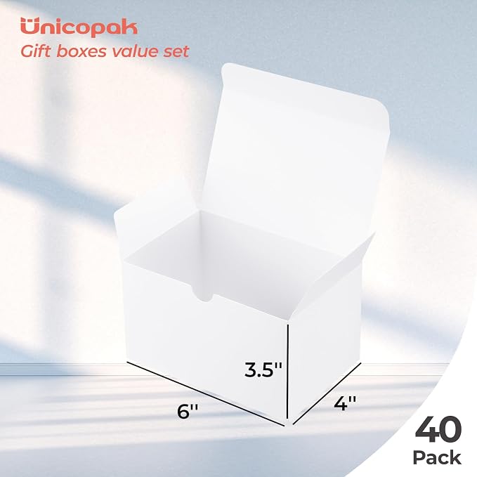 UnicoPak 40 Pack 6x4x3.5 Gift Boxes Bulk, White Small Gift Boxes with Lids for Presents for Candle Mug Perfume Craft Ornaments Cookies Treats Favors