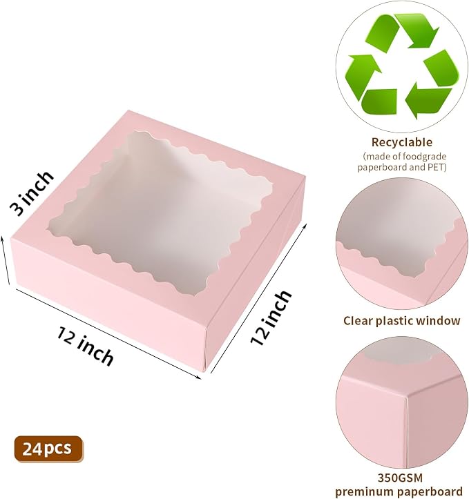 24 pcs Pink Pie Boxes,12x12x3 Inch Auto-Popup Bakery Boxes with Window Donuts Chocolate Muffins Donuts Pastry Dessert Cookie Box For Packaging