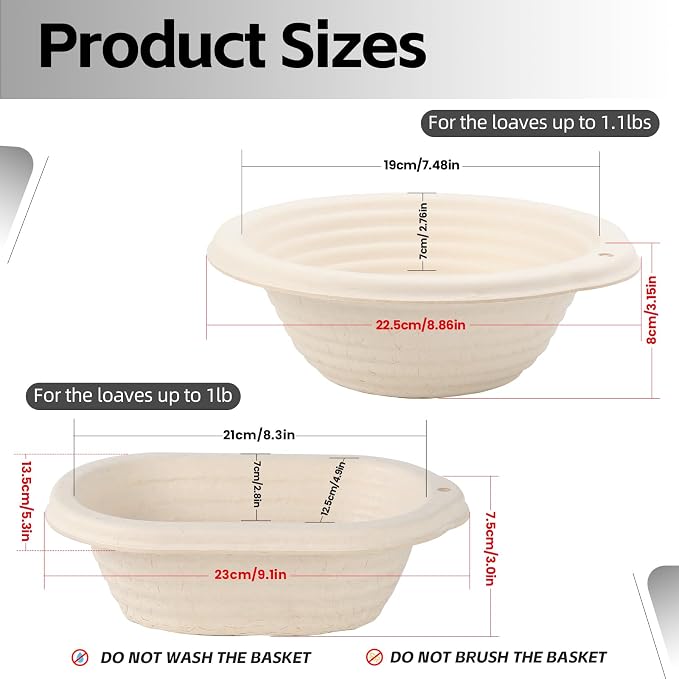 2-Pack Sourdough Bread Proofing Basket Set, 8" Oval & 7.5" Round Pulp Banneton with 2 Linen Liners, for Artisan Bread Baking