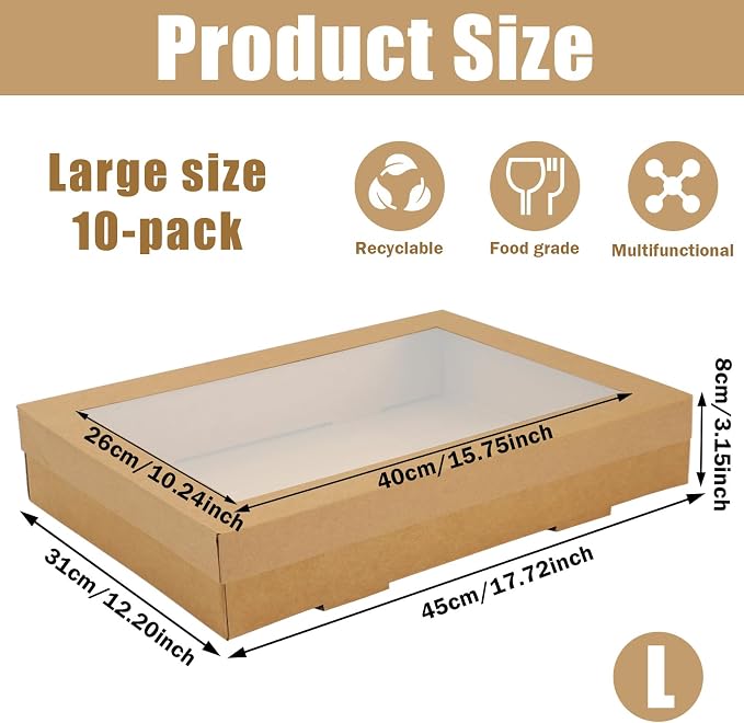 10 Pack Bakery Boxes with Window, 17.7x12.2x3.15 Inch Large Cookie Boxes, Cardboard Pastry Boxes, Take out Containers for Baking Pies, Cakes, Muffins and Pastries (L)