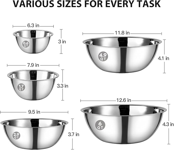 CURTA Stainless Steel Mixing Bowls Set of 5, Heavy Duty Nesting Metal Bowls with Flat Base, 0.6 to 6 QT Kitchen Prep Bowls for Baking, Cooking, Salad Mixing & Bread Dough Kneading