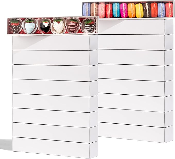 RomanticBaking 51 Pack 12x2¼x2 Inch Long Bakery Boxes with Full Window Drawer Strawberry Boxes,Macaron boxes,Chocolate Boxes Truffle Boxes