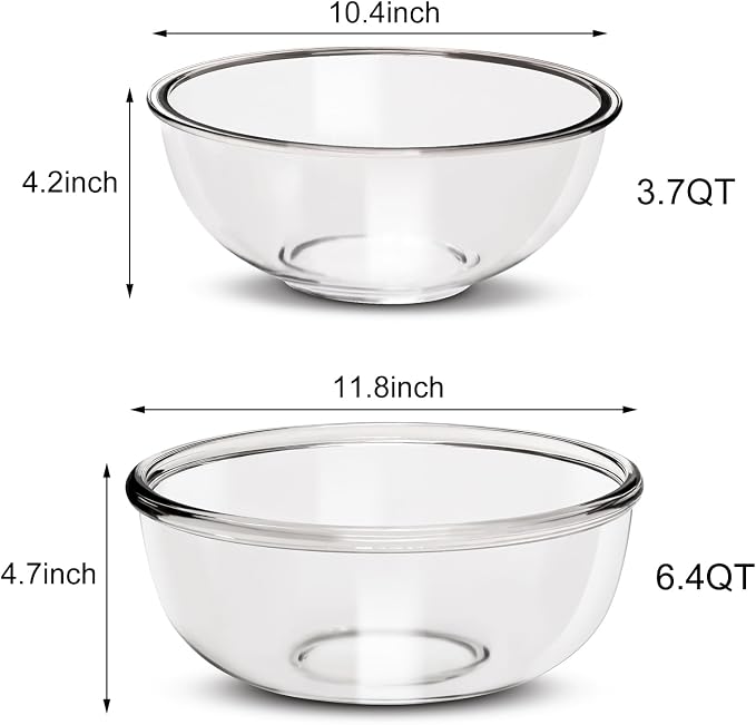 Large Borosilicate Glass Mixing Bowls, Set of 2 (6.4QT, 3.7QT) - Heavy-Duty, Stackable & Lead-Free. Oven, Microwave, Dishwasher & Freezer Safe. Ideal for Sourdough, Baking, Prepping, Serving.