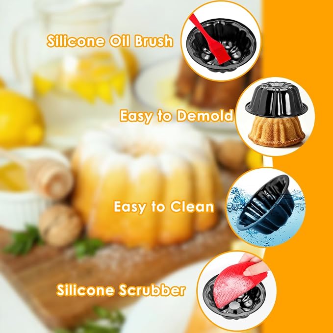 10Pcs 4 Inch Mini Fluted Cake Pan Nonstick Mini Fluted Tube Cake Pan, Carbon Steel Mini Flan Molds Pan with Oil&Dish Brushes, Reusable Oven Baking Mold for Cupcake, Bread Chocolate, Brownie