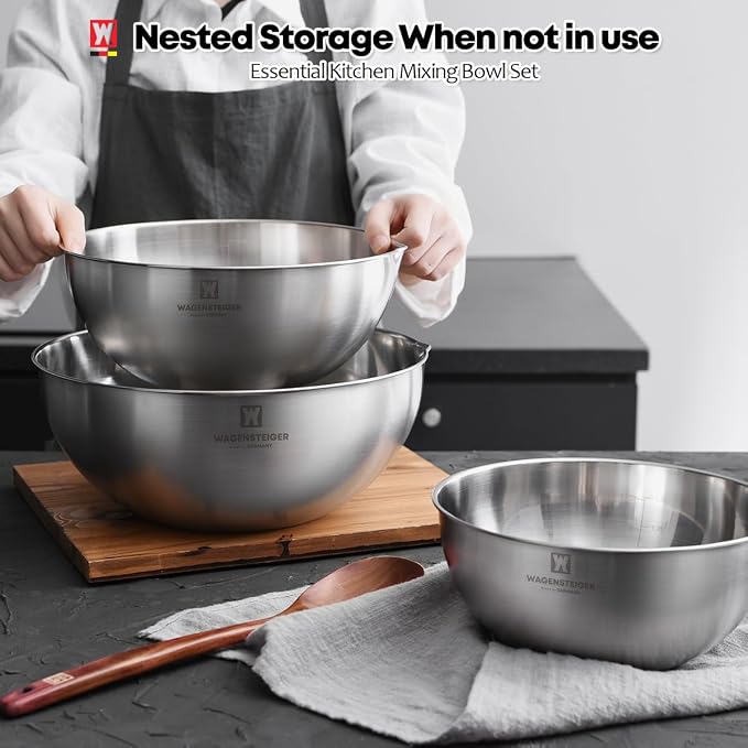 WAGENSTEIGER 3-Piece Stainless Steel Mixing Bowl Set, Silver Color, Nesting Bowls with Pure Spout, Multipurpose Kitchen Basket, 1.56Quarts/3.17Quarts/4.23Quarts (No Color Added)