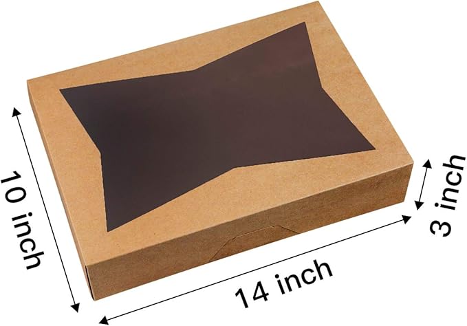 ONE MORE 14 x10 x 3inch Brown Paperboard Lock Corner Window Bakery Cookie Boxes, Large Container with PVC Windows for Pie and Cookie Box, Pack of 12