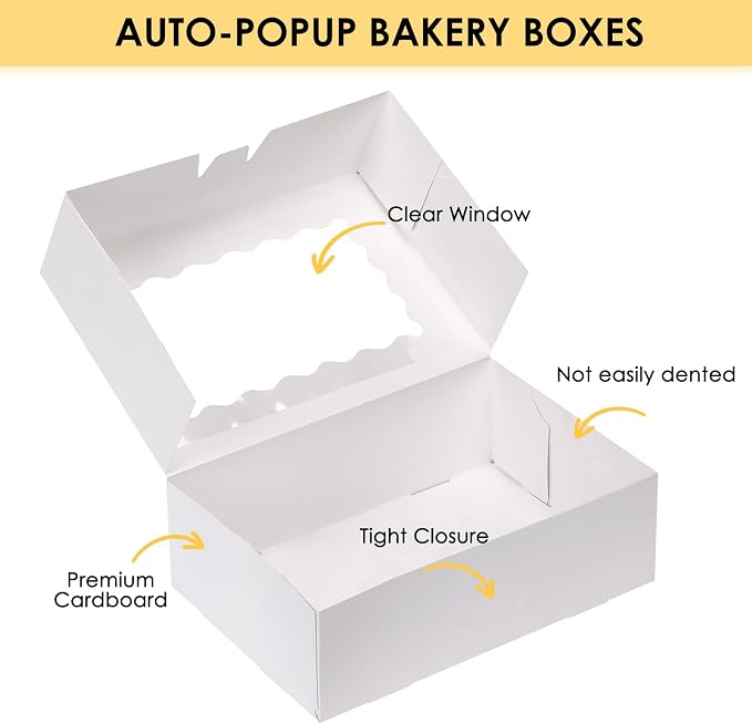 Moretoes 45pcs Cookie Boxes with Window, 9x6x3 Inch White Auto-Popup Bakery Boxes, Pastry Containers for Chocolate Covered Strawberries, Candy, Muffins, Donuts