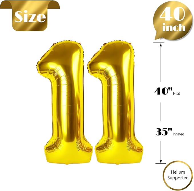 Gold Number 11 Balloon 40 inch, 11 Number Balloons, 11th Gold Birthday Decorations, 11 Year Old Girls Boys Golden Party Supplies