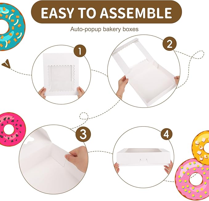 Moretoes 5pcs Pie Boxes, 12x12x2.5 White Bakery Boxes, Auto-Popup Cookie Boxes for Pies, Dessert Boxes Treat Boxes for Pizza, Strawberries, Chocolate, Pastries, Donuts, Graduation Celebration