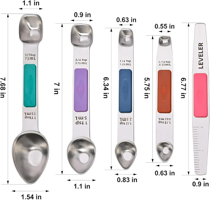 Heavy Duty Stainless Steel Measuring Spoons,Unique Dual-Head Tablespoon and Teaspoon with Bonus Leveler,Engraved Markings,Nonslip Silicone Grip,Great Baking Gift Set(colourful)(set of 5)