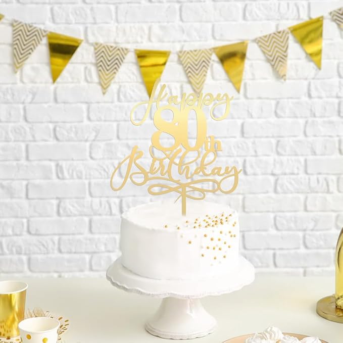 Happy 80th Birthday Cake Topper,Mirrored Gold Acrylic Durable Cake Topper，Hello 80, Cheers to 80 Years/80th Anniversary,80th Birthday Party Cake Decorations，Birthday Party Decorations