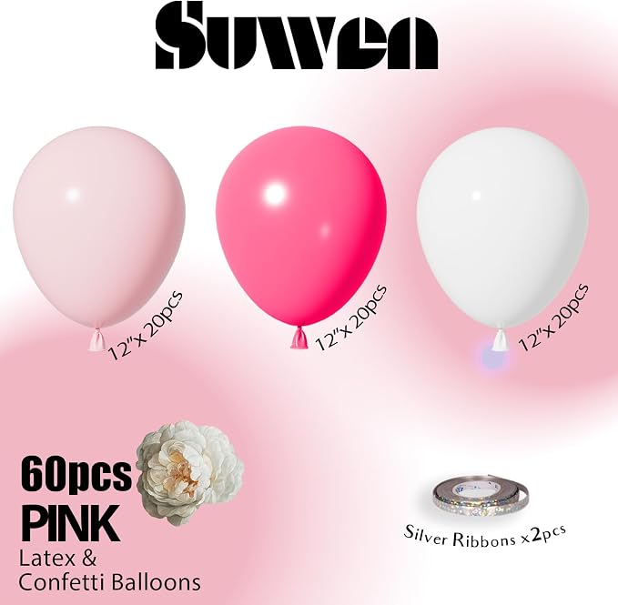 SUWEN Hot Pink Balloons 60Pcs,12 inch Hot Light Pink and White Latex Balloons for Birthday Wedding Bridal Shower Princess Valentines Party Decorations