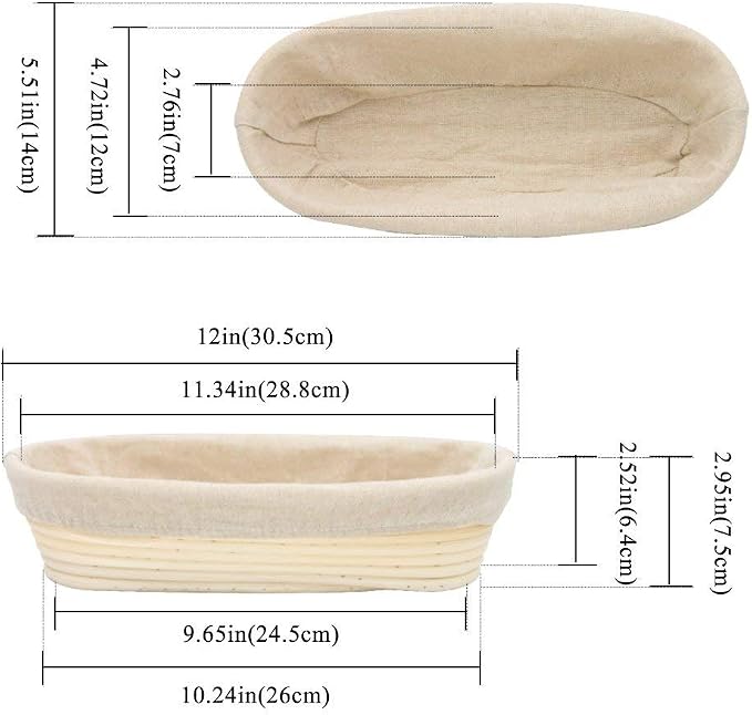12 Inch Oval Long Banneton, BetterJonny Artisan Bread Proofing Basket +Liner Combo Set for Rising Dough
