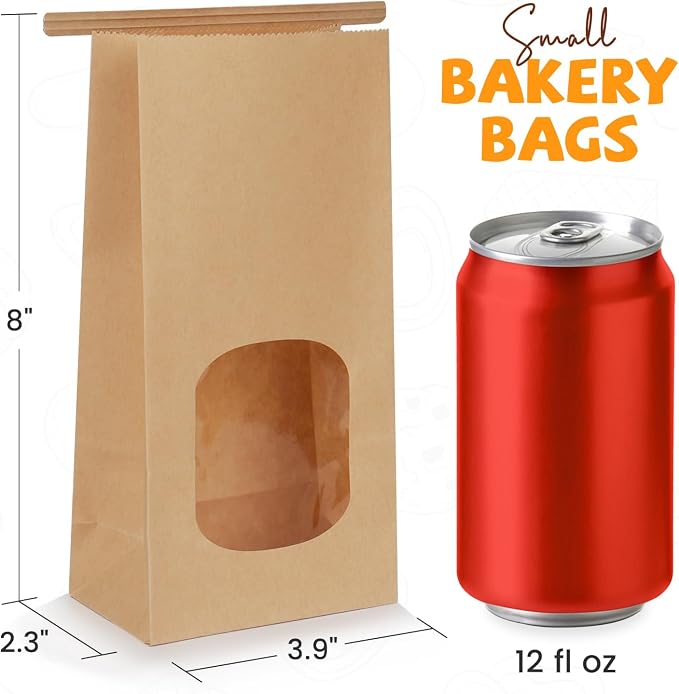 50 Pack Bakery Bags with Window, 3.9x2.3x8 Inches Tin Tie Tab Paper Cookie Bags Brown Small Gift Bag for Packaging Popcorn, Trail Mix, Treats, Snacks, Baked Goods, Party Favors | Grease Resistant